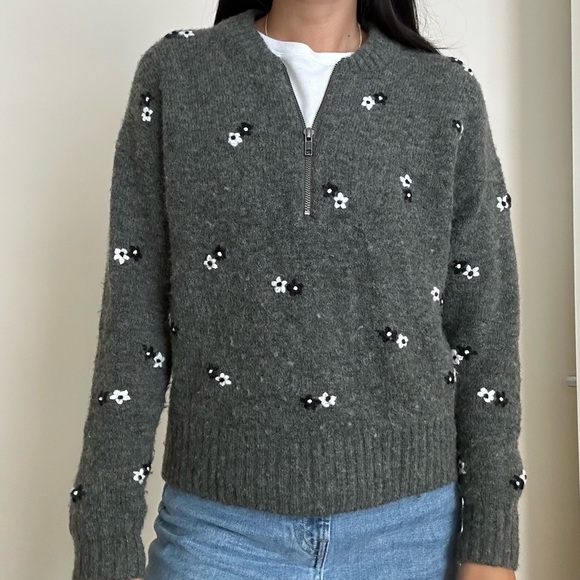 Madewell 3/4 Zip Floral Gray Sweater - Picture 4 of 5